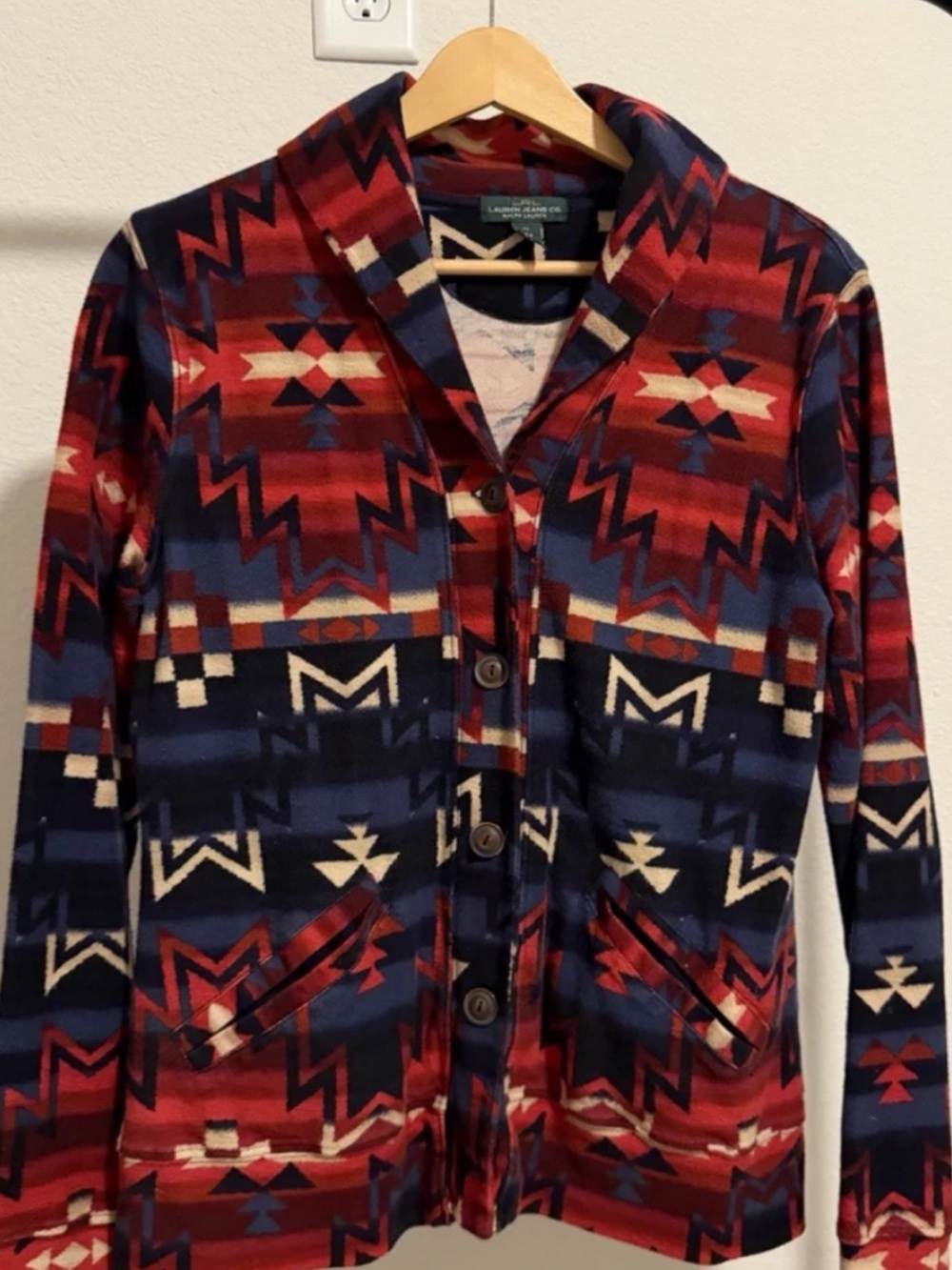 Lauren Ralph Lauren Aztec Print Shawl Collar Button-Up Sweater Jacket - Large